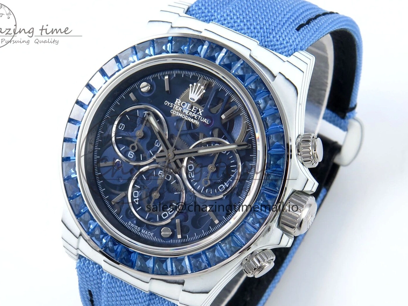 0501 Daytona ZIF REMOULD White Carbon GETF Best Edition Blue Skeleton Dial Blue Diamonds Bezel on Blue Nylon Strap DD Fashionable 366